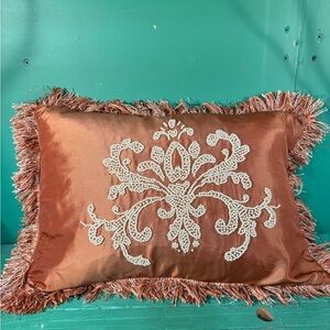 Elegant Brown Accent Pillow with Fringe and Beads